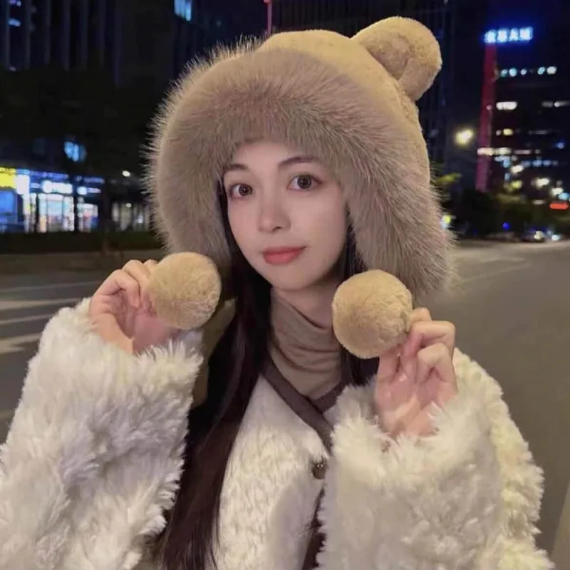 

Cute Bear Ears Earflap Hat Women Winter Warm Plush Skullies Beanie Cap Girls Party Cosplay Outdoor Windproof Earflap Bomber Hat