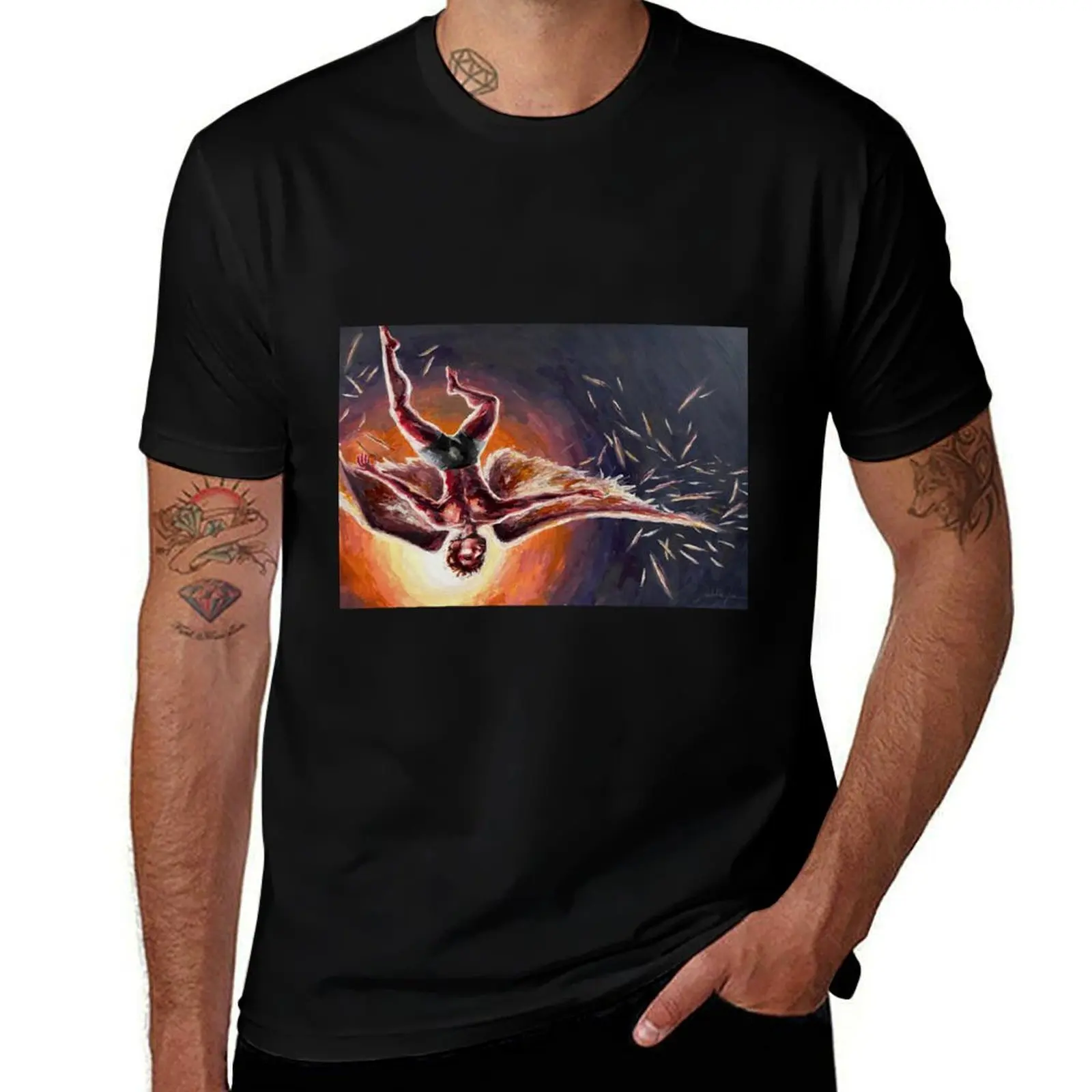 Icarus falling, feathers scattering T-Shirt Athletic Fit Sports Short Sleeve Top T-Shirt