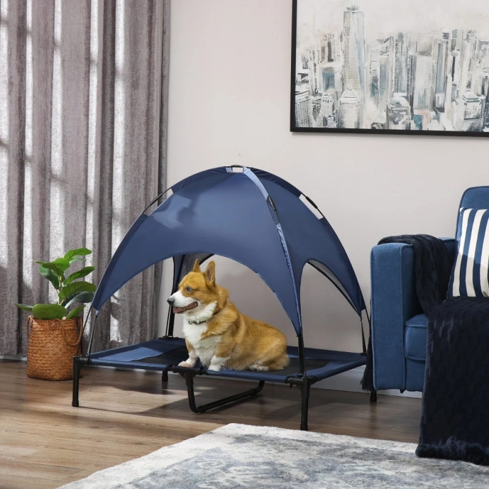 Hundebett mit Baldachin, Outdoor-Hundebett, klappbar, erhöhter Standfuß, Blau + Schwarz