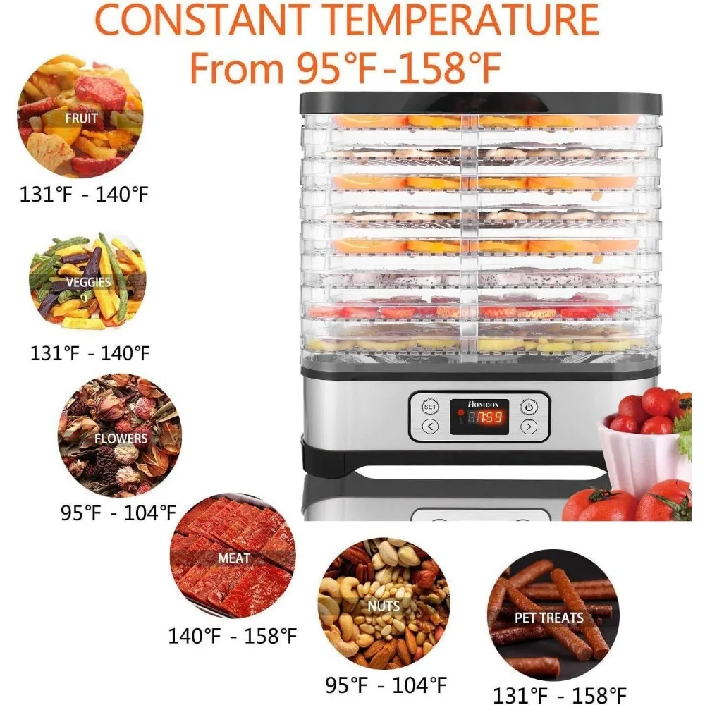果物の食品脱水機,8つのトレイと温度制御を備えた脱水機,デジタルタイマーと温度制御,95ローフィン-158