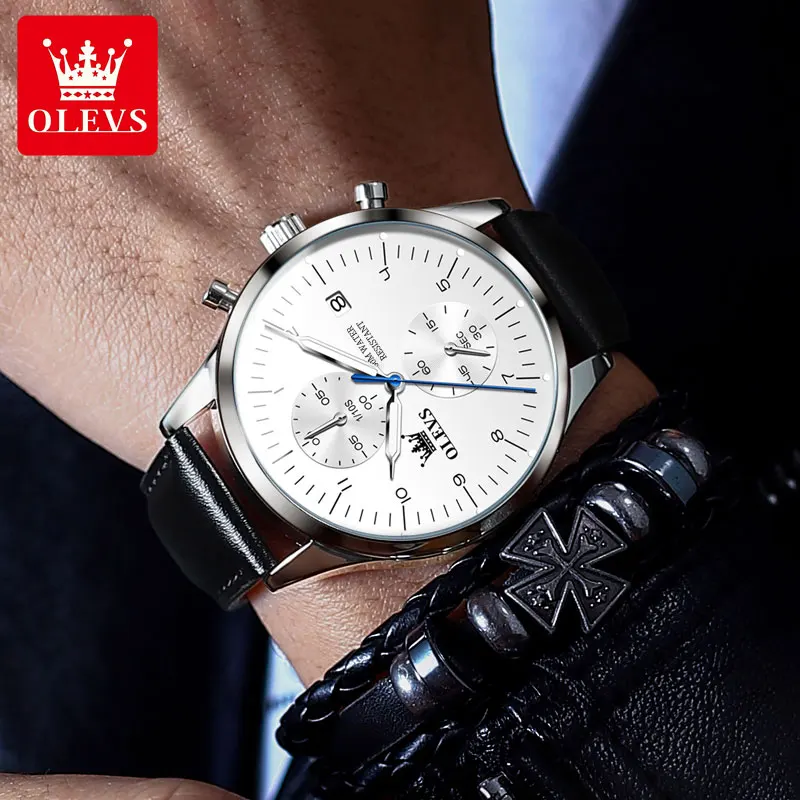 OLEVS 2880 Quartz Business Fashion Watch Gift Round-dial Genuine Leather Watchband Wristwatch Calendar Luminous Waterproof Watch