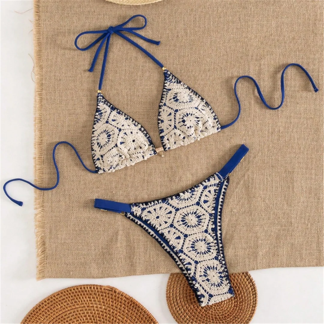 XS - L Bedruckter Neckholder-Bikini Damen-Badeanzug Zweiteiliger Bikini-Set mit hohem Beinausschnitt Badebekleidung Schwimmanzug V7801 – Detail 7
