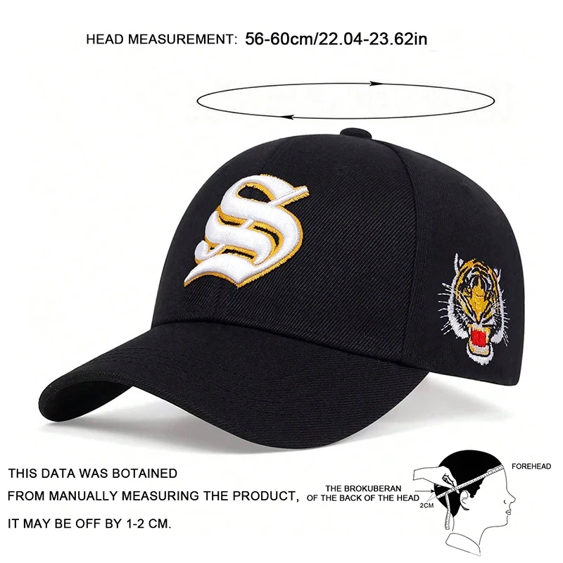 Unisex Baseballkappen mit S-Buchstaben und seitlicher Tiger-Stickerei, verstellbar, für Frühling und Herbst, lässiger Sonnenschutzhut – Detail 10