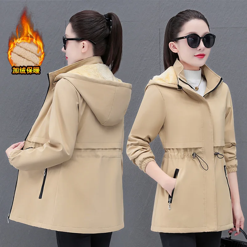 

Новый флисовый толстый теплый плащ средней длины с капюшоном, женская осенне-зимняя одежда для мам среднего возраста, свободные женские ветровки, пальто