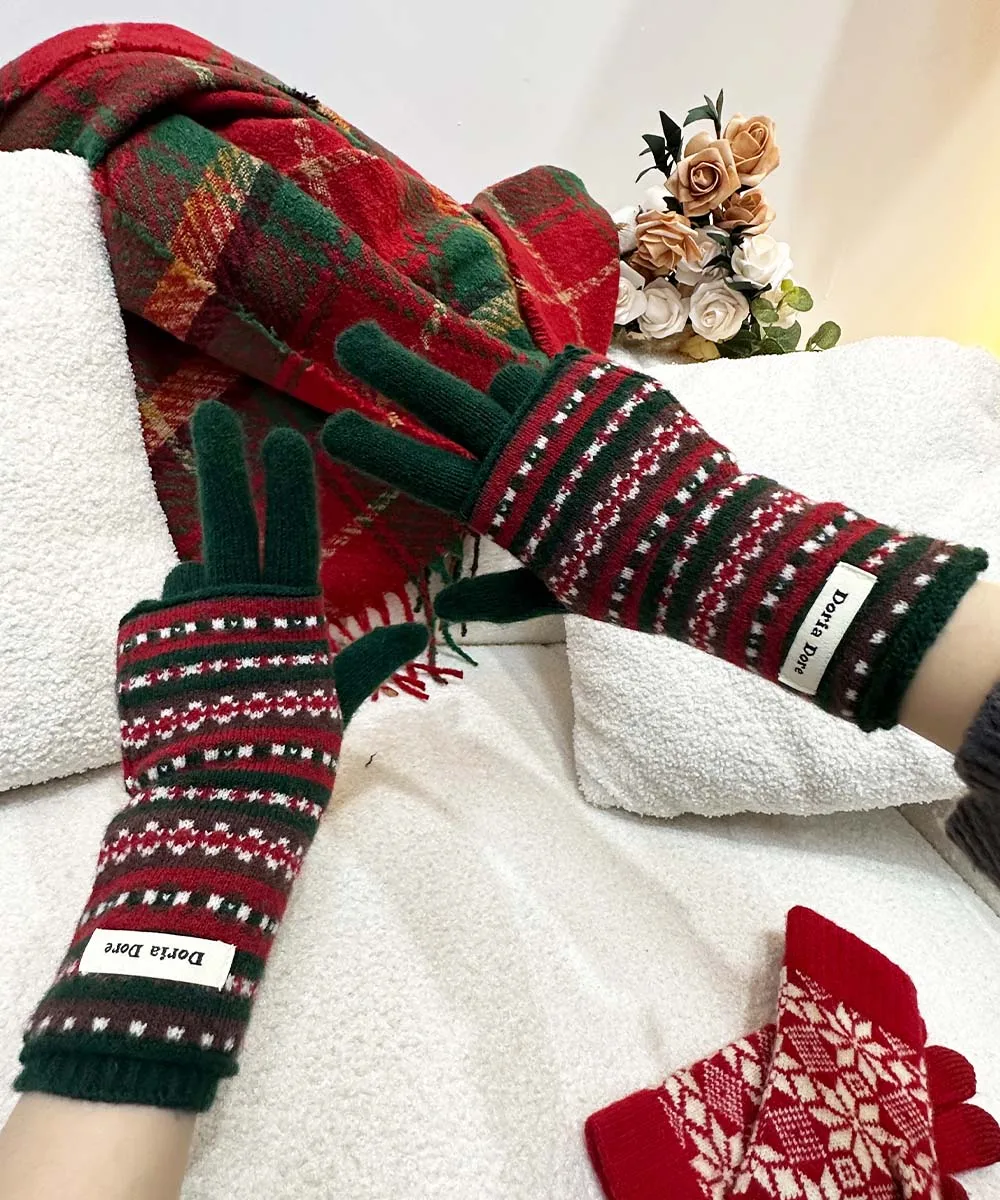 Elk Winter Christmas Snowflake Jacquard Knit Gloves Cuff Fleece Warm Red Green Gloves Two Piece Set Windproof With Touchscreen