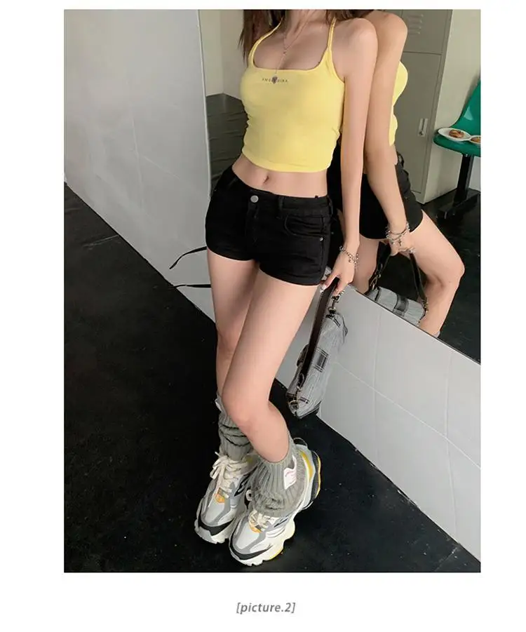 Black Low Waist Tight A-line Denim Shorts