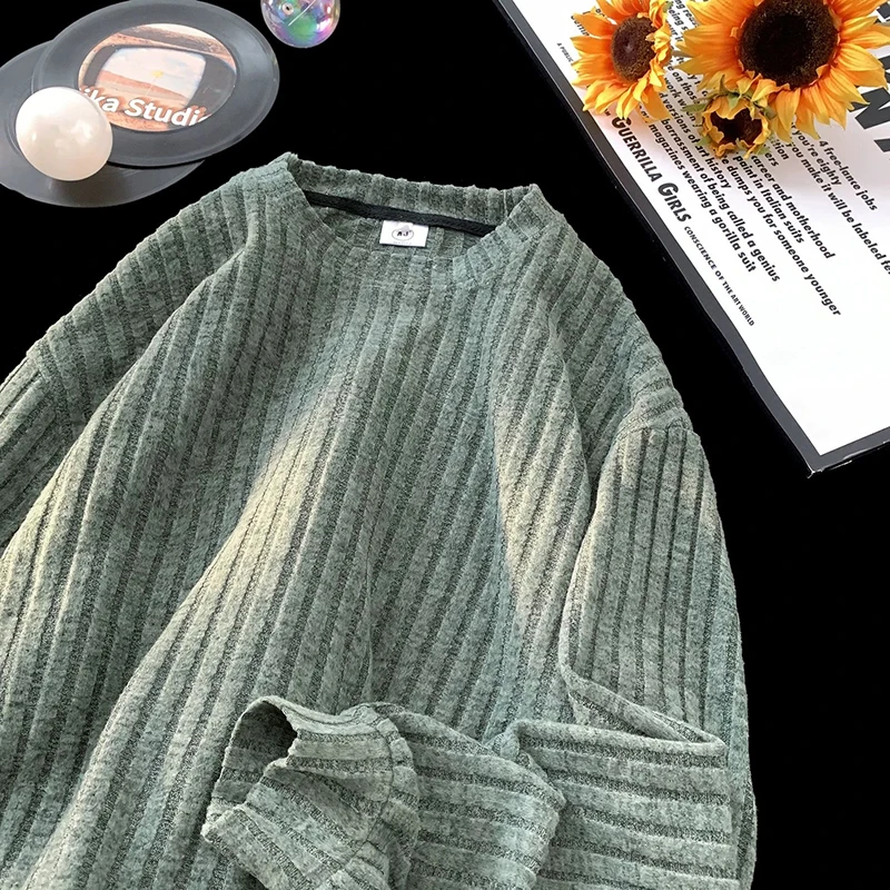 Spring O Neck Men Long Sleeve Sweatshirt Exquisite Boy Striped Korean Fashion Casual All-match Loose Basics Clothing Grey Green
