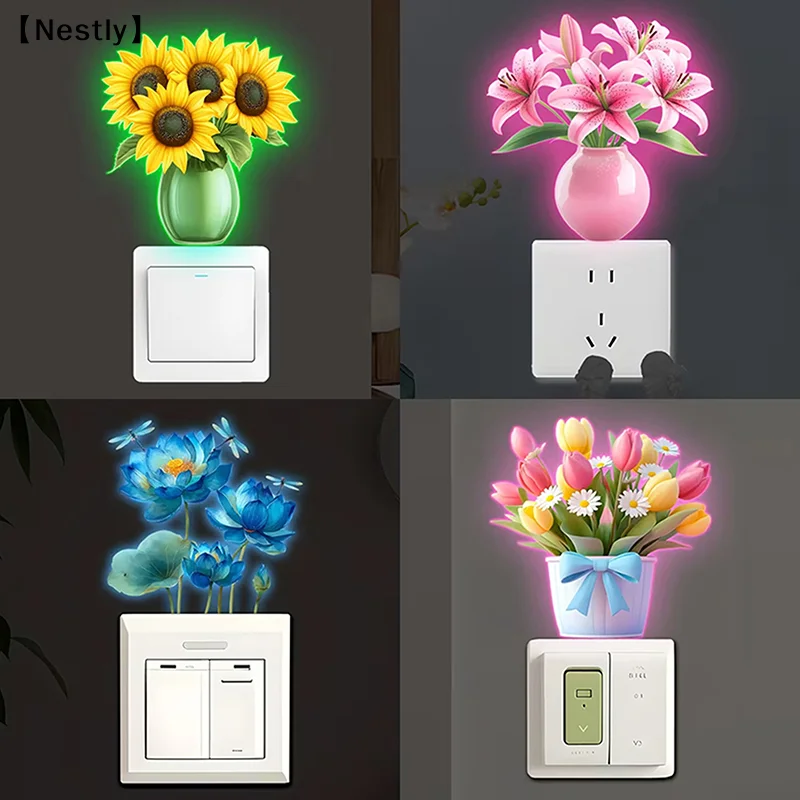 Glow-in-the-Dark Flowers Switch Sticker Tulip Lily Sunflower Wall Sticker Self-Adhesive PVC Switch Outlet Decor Easy Peel〔Nest〕