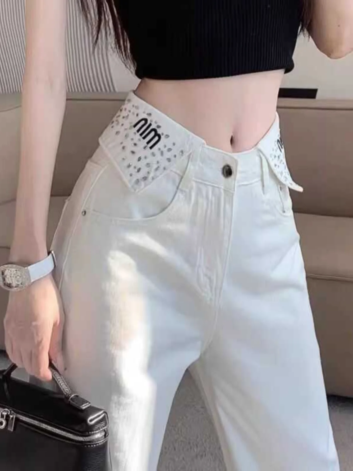 

Белые джинсы с высокой талией и широкими штанинами, женские, свободного прямого кроя, с эффектом драпировки, длинные брюки, весенняя новинка, однотонный деним