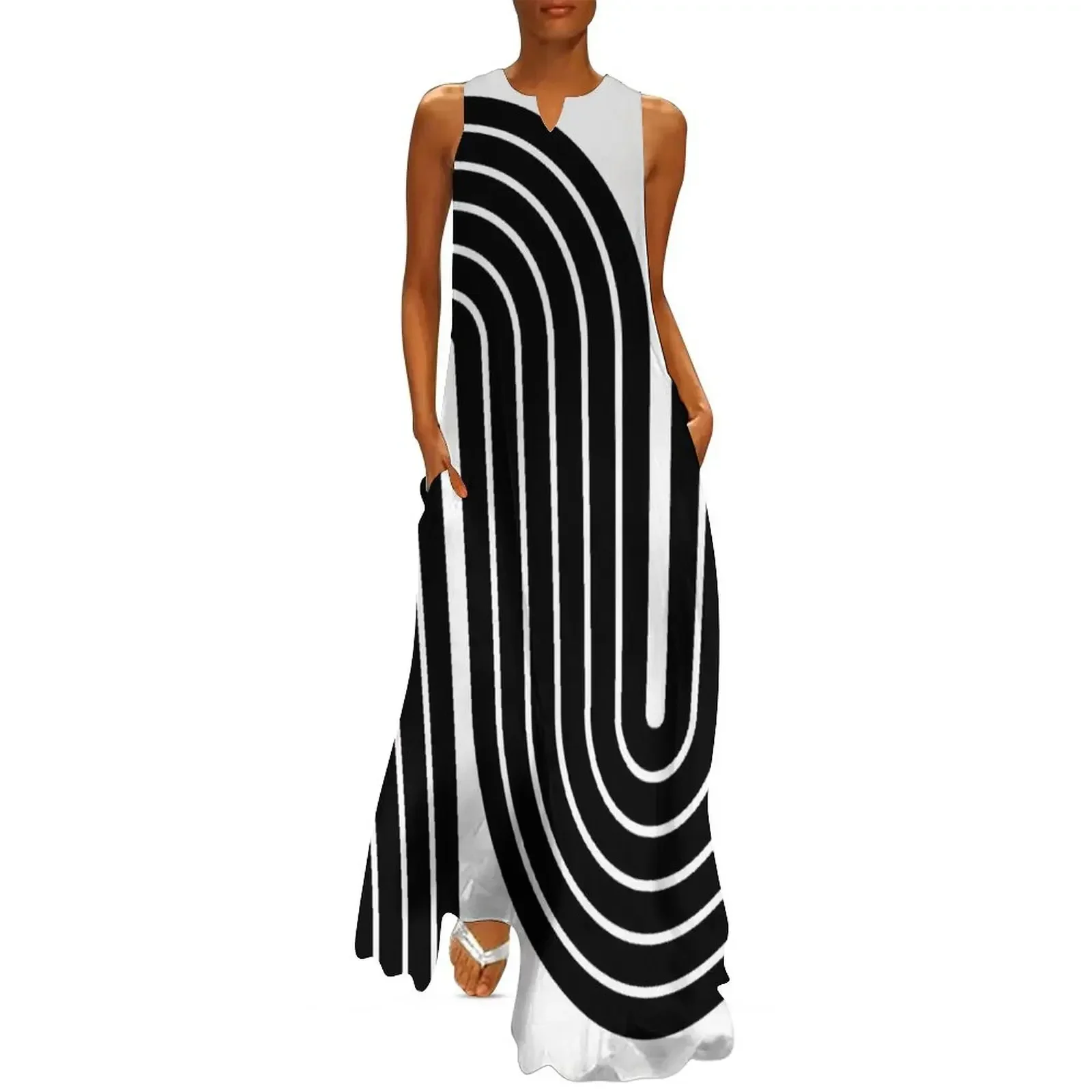 

70s Retro Vintage Style Geometric Design 333 Black and White Long Dress women dress Dress