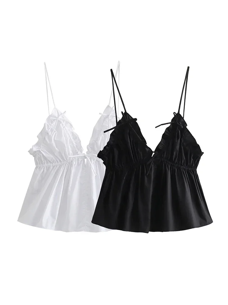 Foridol popeline bowknot bianco carino crop top donna estate senza maniche scollo a V canotte camis sexy backless volant nero camis