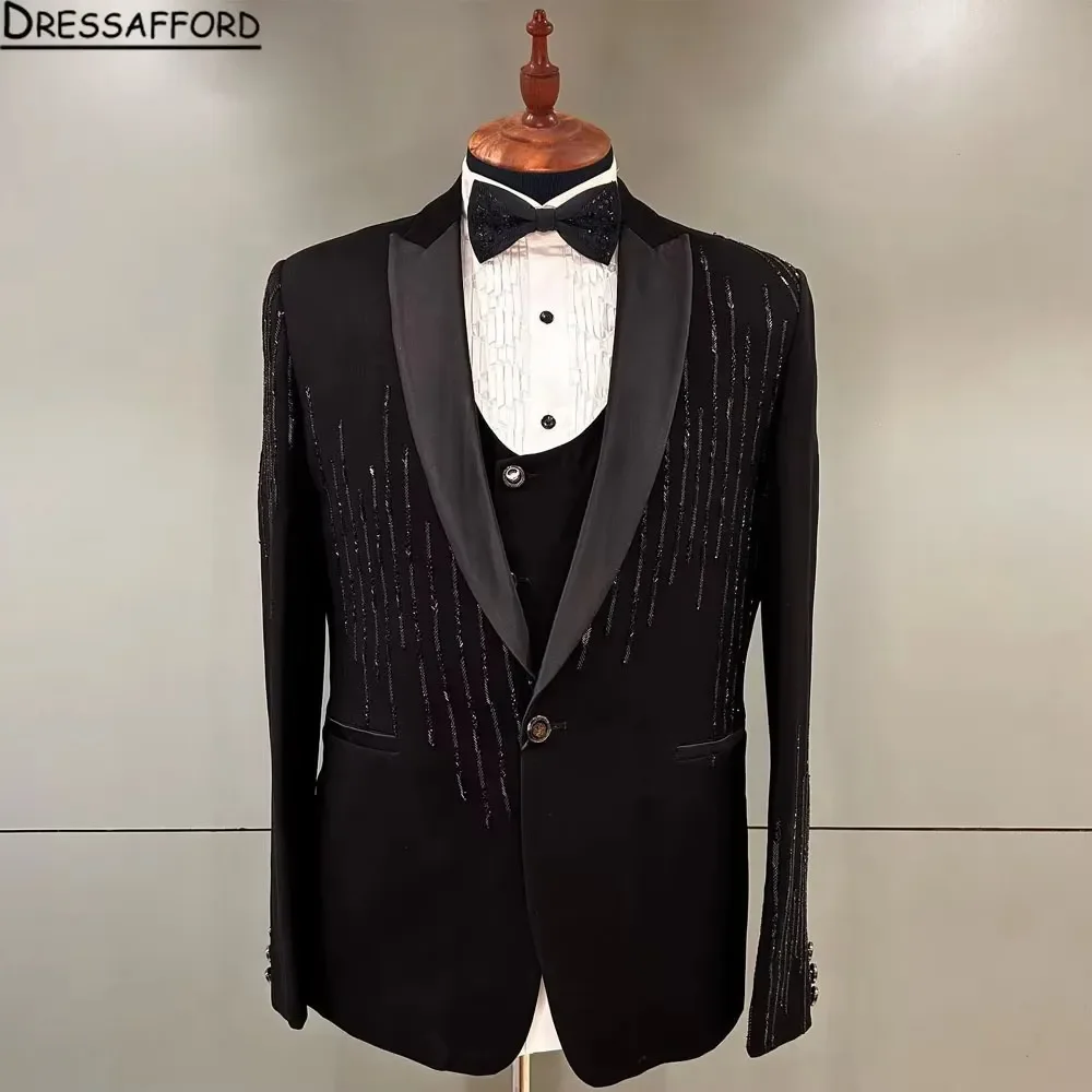 Black Glitter Beading Blazers Men Suits Fashion Banquet 2 Piece Business Jacket Pants Trousers