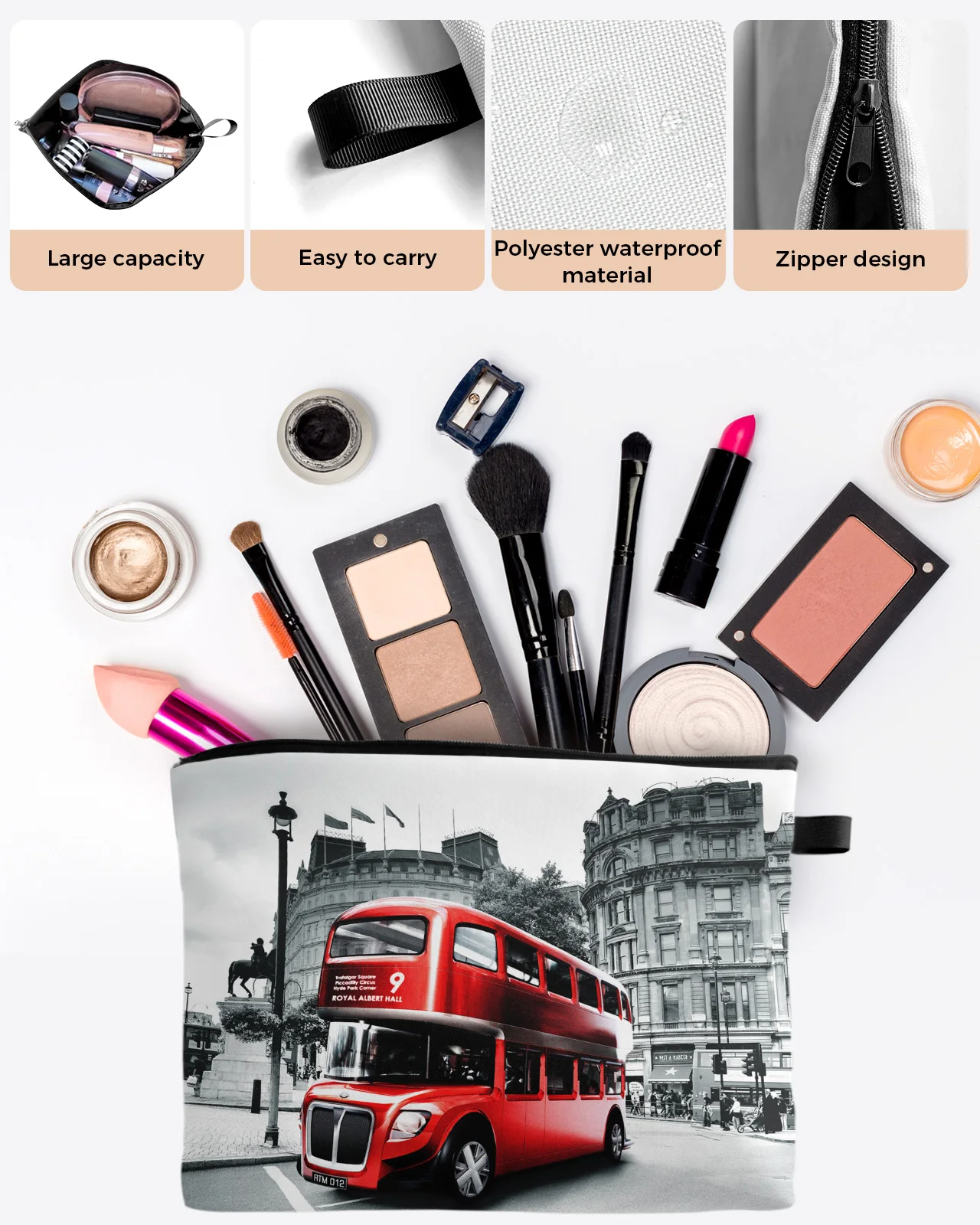 Red bus London street scenery Large Capacity Travel Cosmetic Bag Portable Makeup Storage Pouch Women Waterproof Pencil Case