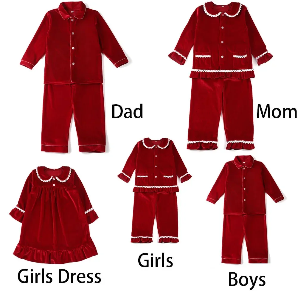 Pijamas a juego con volantes de terciopelo para la familia, conjunto de pijamas navideños para niños y hermanos, ropa para bebés, conjuntos de pijamas de vestido rojo para niños y niñas