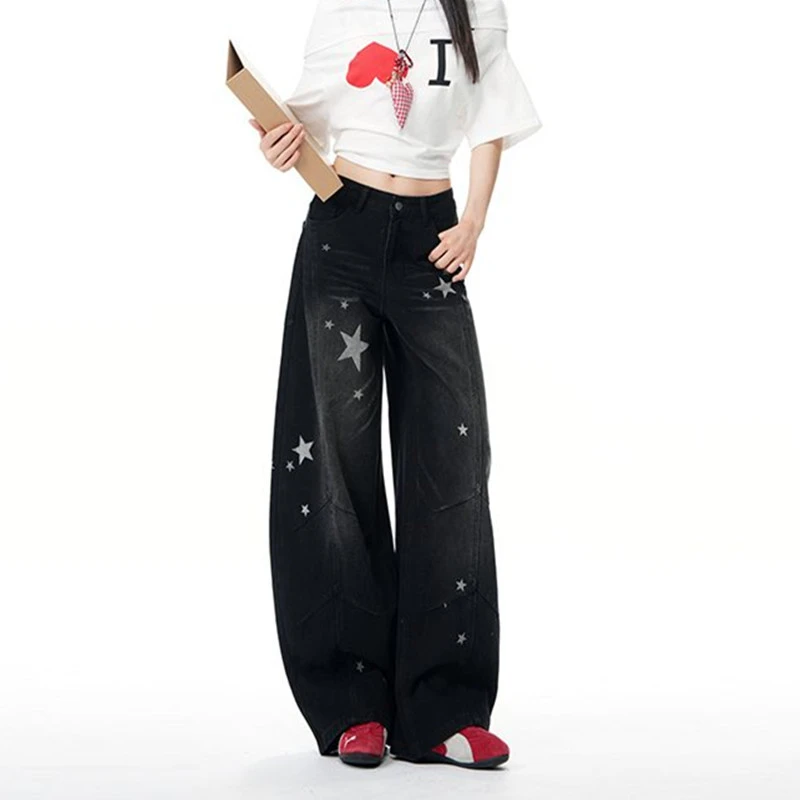 FINEWORDS Vintage High Waist Star Print Jeans Women Casual Wide Leg Washed Jeans Easymatch Korean Full Length Loose Jeans