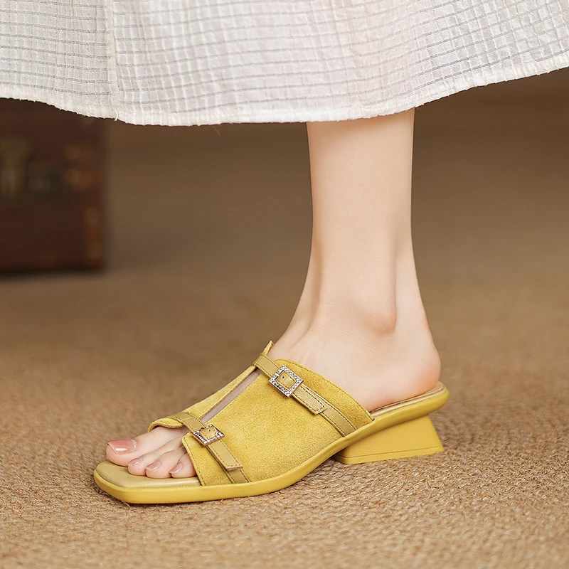 2026 new spring summer women sandals natural leather plus size 22-25cm kid suede+sheepskin buckle mules wedges women shoes view 3