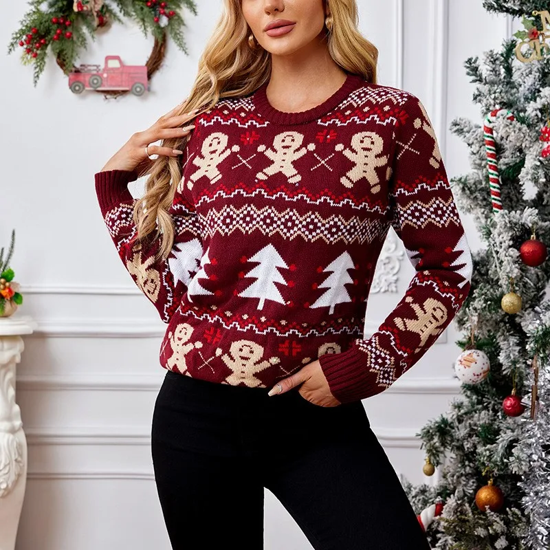 Gingerbread Man Knitted Christmas Sweater Wine Red Casual Long Sleeve Christmas Tree Striped Warm Autumn/Winter Sweater 2024 Nowość