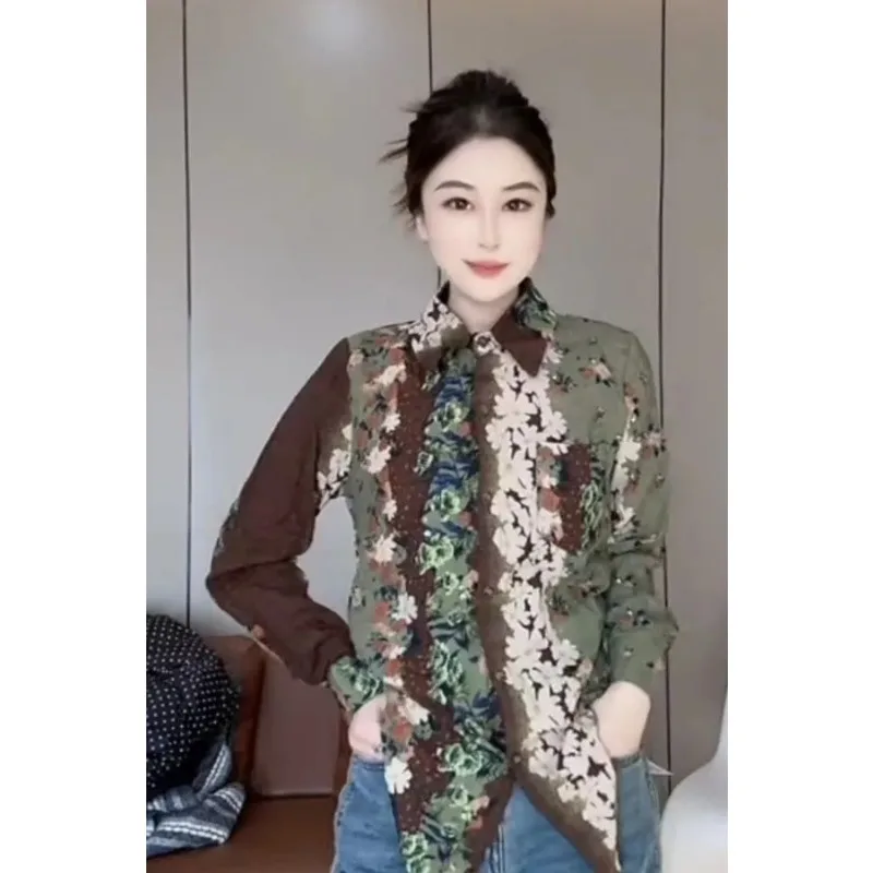 

Винтажная женская рубашка с цветочным принтом и пэчворком, на пуговицах, с длинным рукавом, в стиле ретро, зеленая/коричневая, свободная повседневная блузка