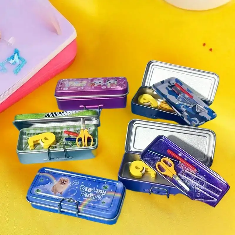 Miniature Dollhouse Iron Pencil Box Set Model Pretend Play Toy, Double Layer with Pen, Ruler, Tape, Scissors