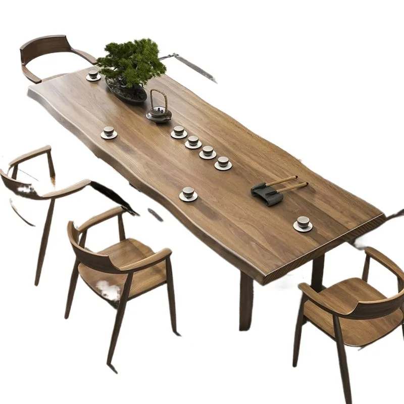 Solid wood tea table and chair combination New Chinese-style living room complete set Large board tea table Office log