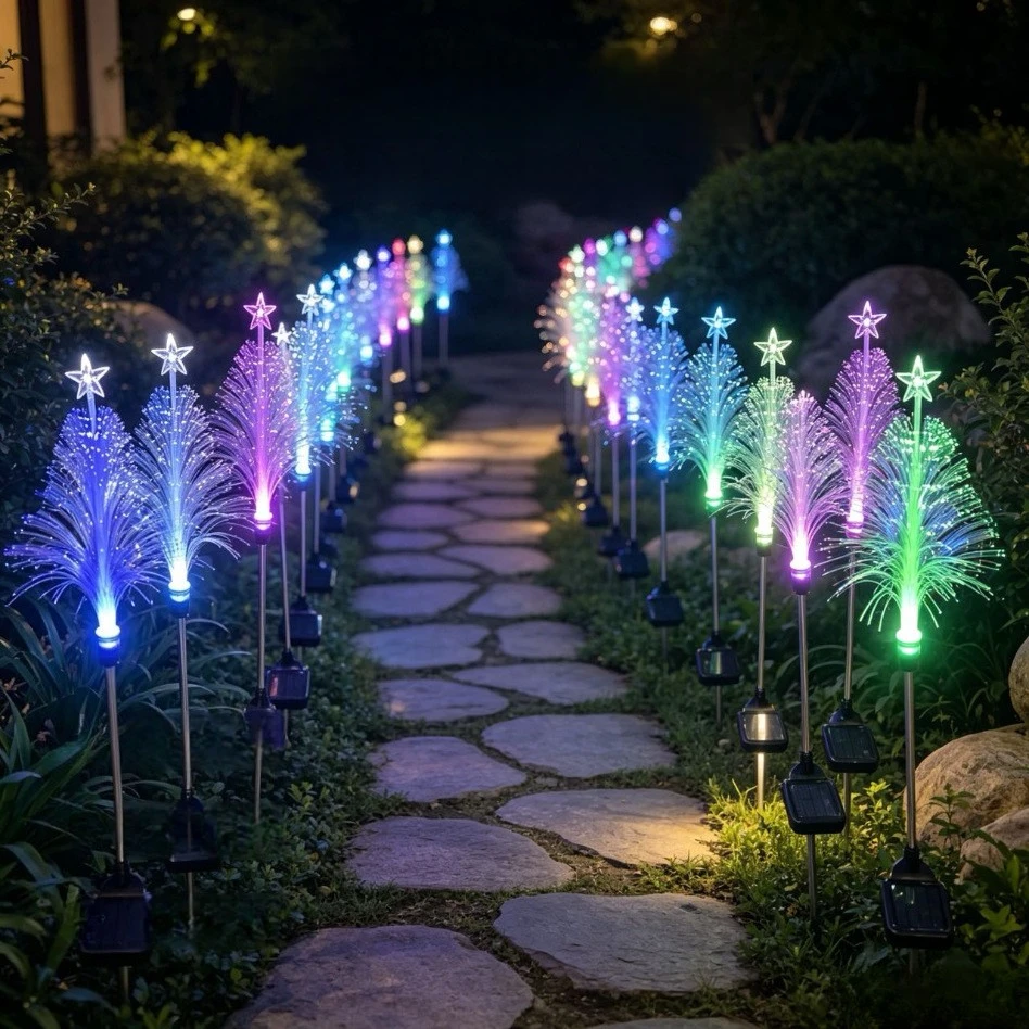 Solar Powered Five Point Star Light Outdoor Christmas Decoration Fiber Optic Lawn Stake for Yard Garden Home Glowing Party Decor