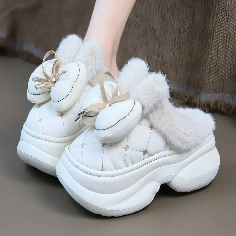 

8 cm high heel slippers women chunky platform winter furry bow shoes woman rabbit home slipper waterproof bunny mules clog shoes