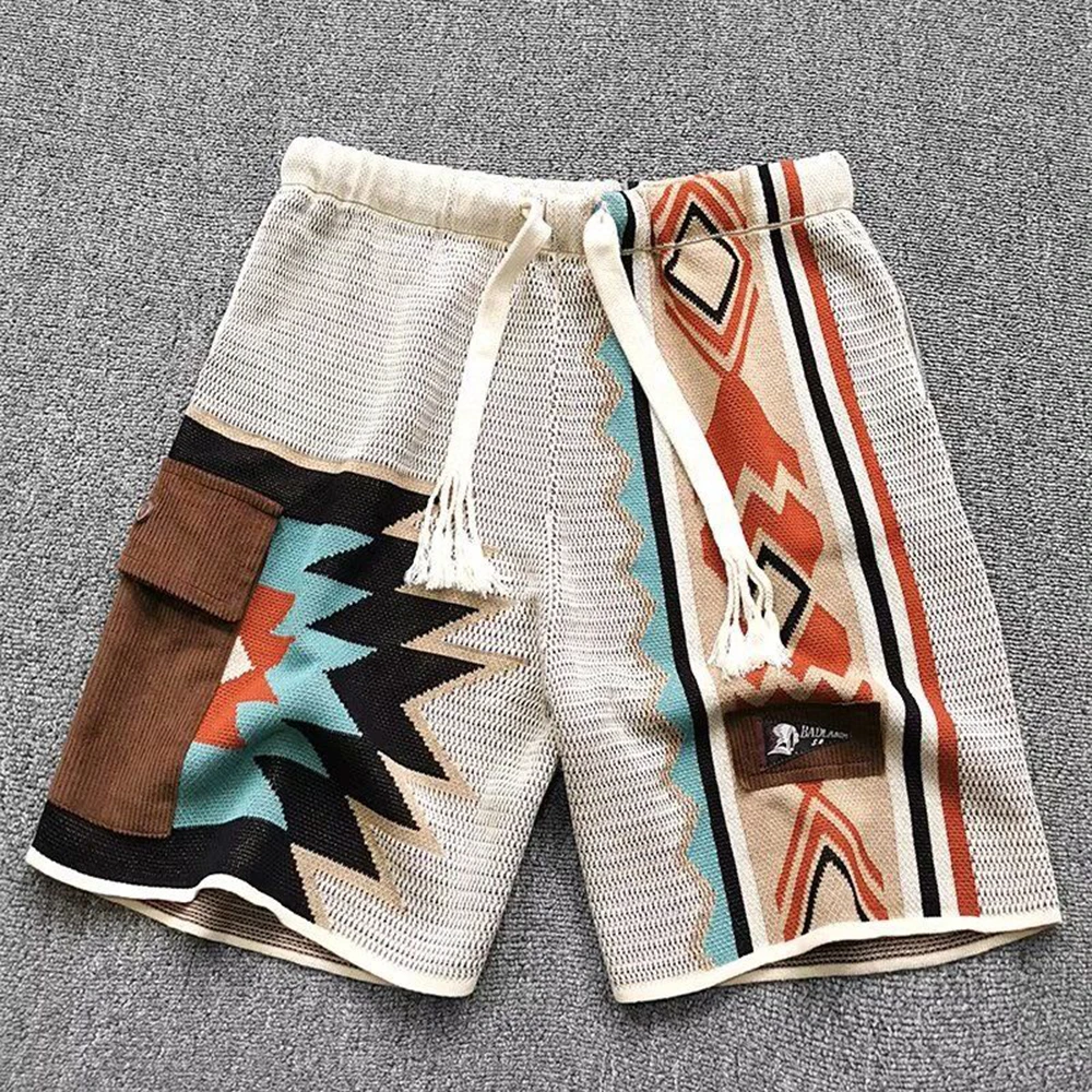 Mens Casual Cargo Shorts Summer American Retro Knitted Shorts Contrast Color Embroidery Geometric Beach Five-Point Casual Pants