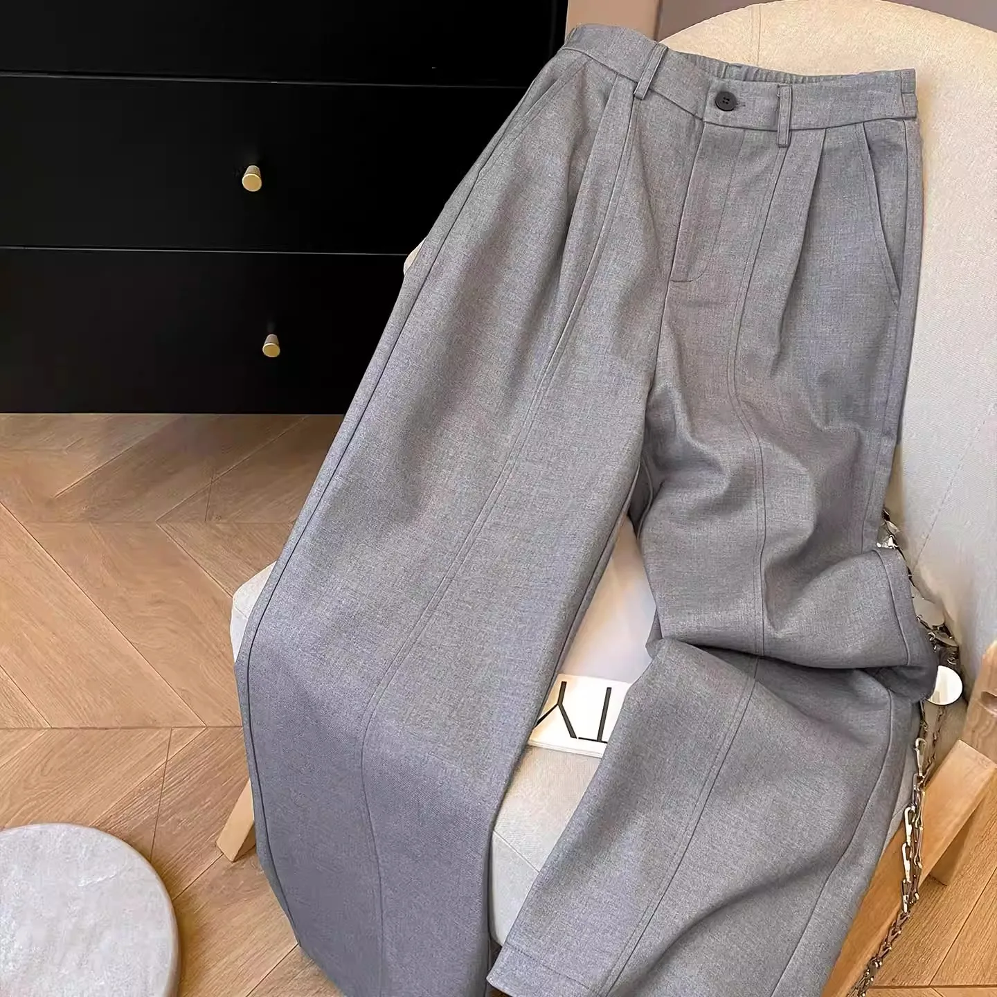 

Summer Men's Casual Suit Pants High Waist Straight Leg Long Trousers Drapey Loose Fit Comfortable Polyester Fiber
