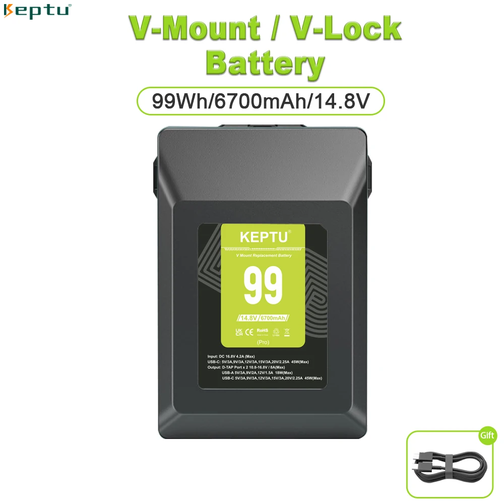 

V Mount Battery 99Wh 6700mAh 14.8V 45W PD USB-C Fast Charger for cameras smartphones laptops