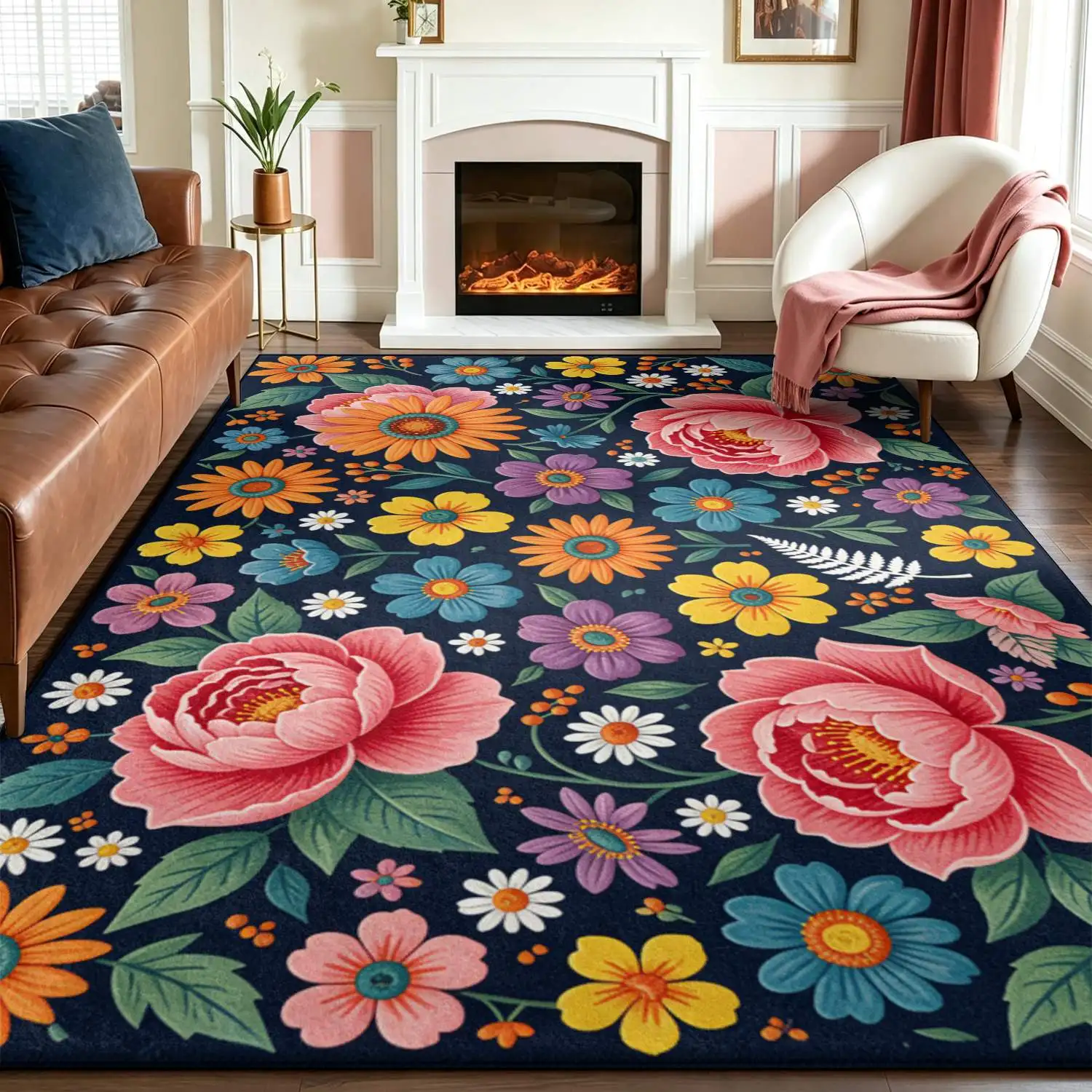 1Pc 2D Printed Carpet: Dark Blue Base, Colorful Floral Patterns European/Bohemian/Vintage Geometric Floral Styles, Multi-Size, Machine Washable. Ideal for Entrance, Dining Room, Foyer, Bedroom, Living Room Home Decoration.