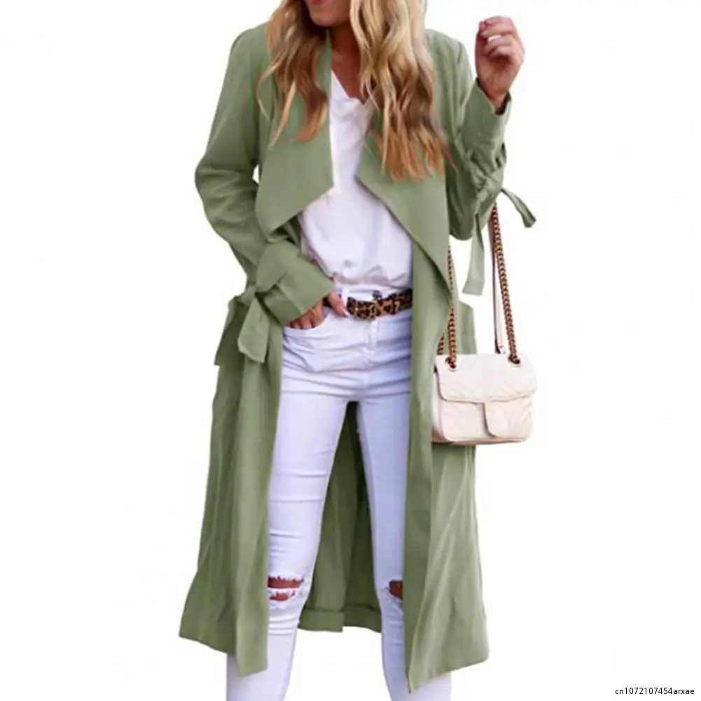 

Women Overcoat Solid Long Sleeves with Belt Midi Length Pockets Cardigan Casual Prevent Wind Strap Autumn Jacket Trench