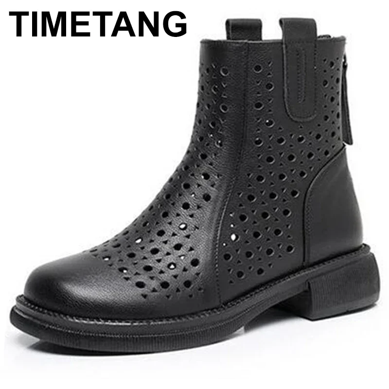 Summer Women Boots Genuine Leather Square Low Heel Round Toe Side Zip Cut Out Hollow Women Shoes Ankle Boots Size 43