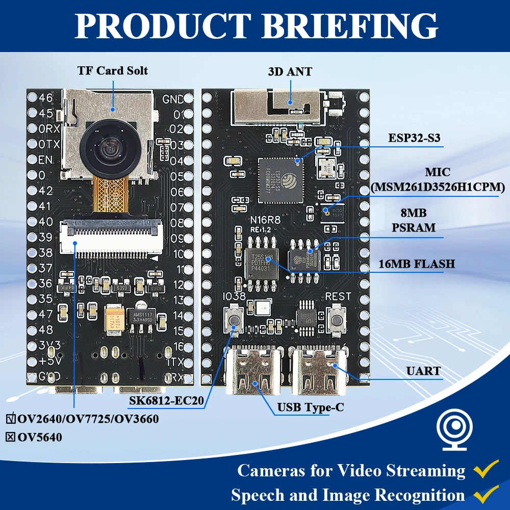 ESP32-S3 scheda di sviluppo 2.4G Wifi BT modulo con microfono OV2640 modulo fotocamera nuovo ESP32 S3 N16R8 CAM 8MB PSRAM 16MB FLASH