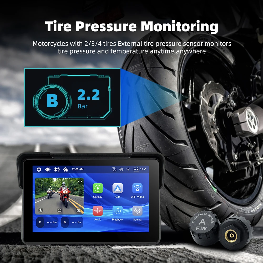EKIY 7.0" Wireless CarPlay Moto Android Auto Portable Digital Dashboard GPS Motorcycle Navigation Display Screen TPMS Dashcam view 5