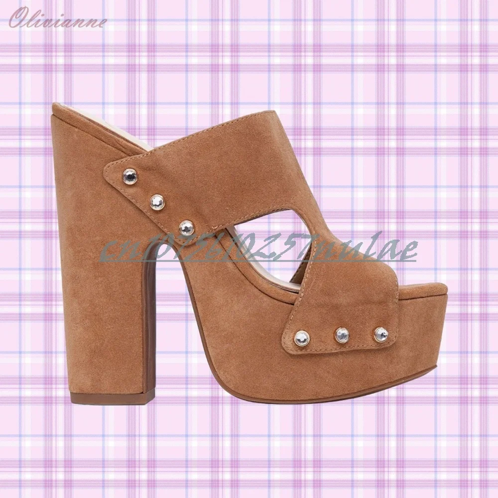 

Solid Suede Metal Round Rivets Hollow Slippers Chunky High Heel Fish-mouth Hot Girls Party 2025 Women Shoes Zapatos Para Mujere