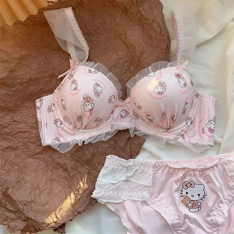 Miniso Sanrio Underwear Set Hello Kitty Lace Bowknot Bra Sweet Girl Bra Panties No Steel Ring Push Up Comfortable Underwear Gift