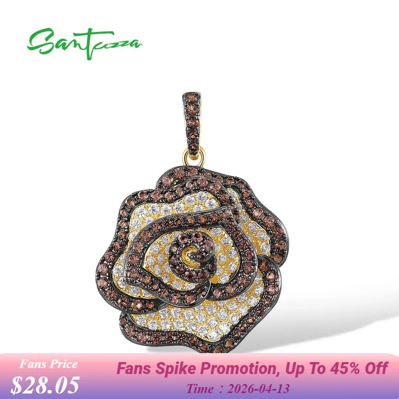 

SANTUZZA Genuine 925 Sterling Silver Pendant For Women Sparkling White CZ Brown Spinel Rose Flower Trendy Party Fine Jewelry
