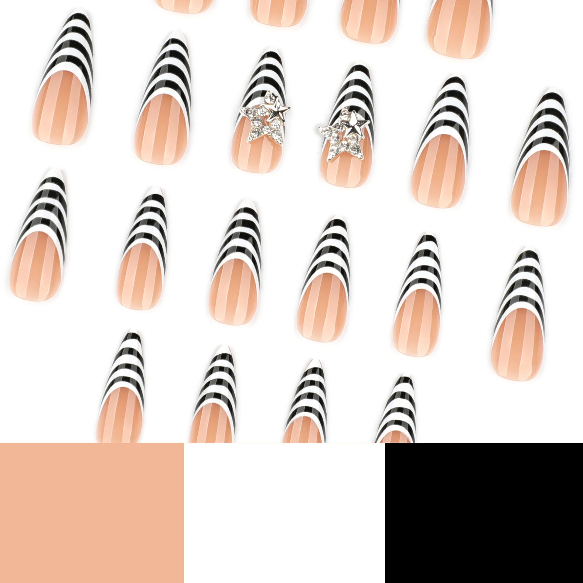24 stuks zwart wit zebra strepen druk op nagels lange puntige Franse stijl pittige meisje kunstnagels Y2k metalen ster decor nep nagel