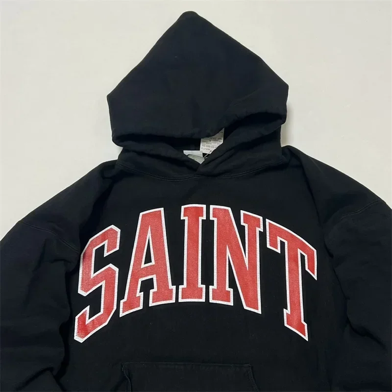 

24ss SAINT MICHAEL Hoodies Men Women 1:1 Top Quality Cracked Retro Print SAINT LOGO Oversized Black Sweatshirt