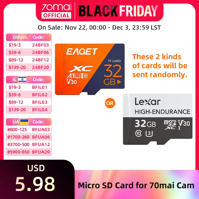 【$5: 70MBFC05】Clearance UHS-3 Card 64GB 128GB for 70mai A810 A800S Micro SD Card 32GB 64GB for 70mai A500S A510 M200 M310 S500