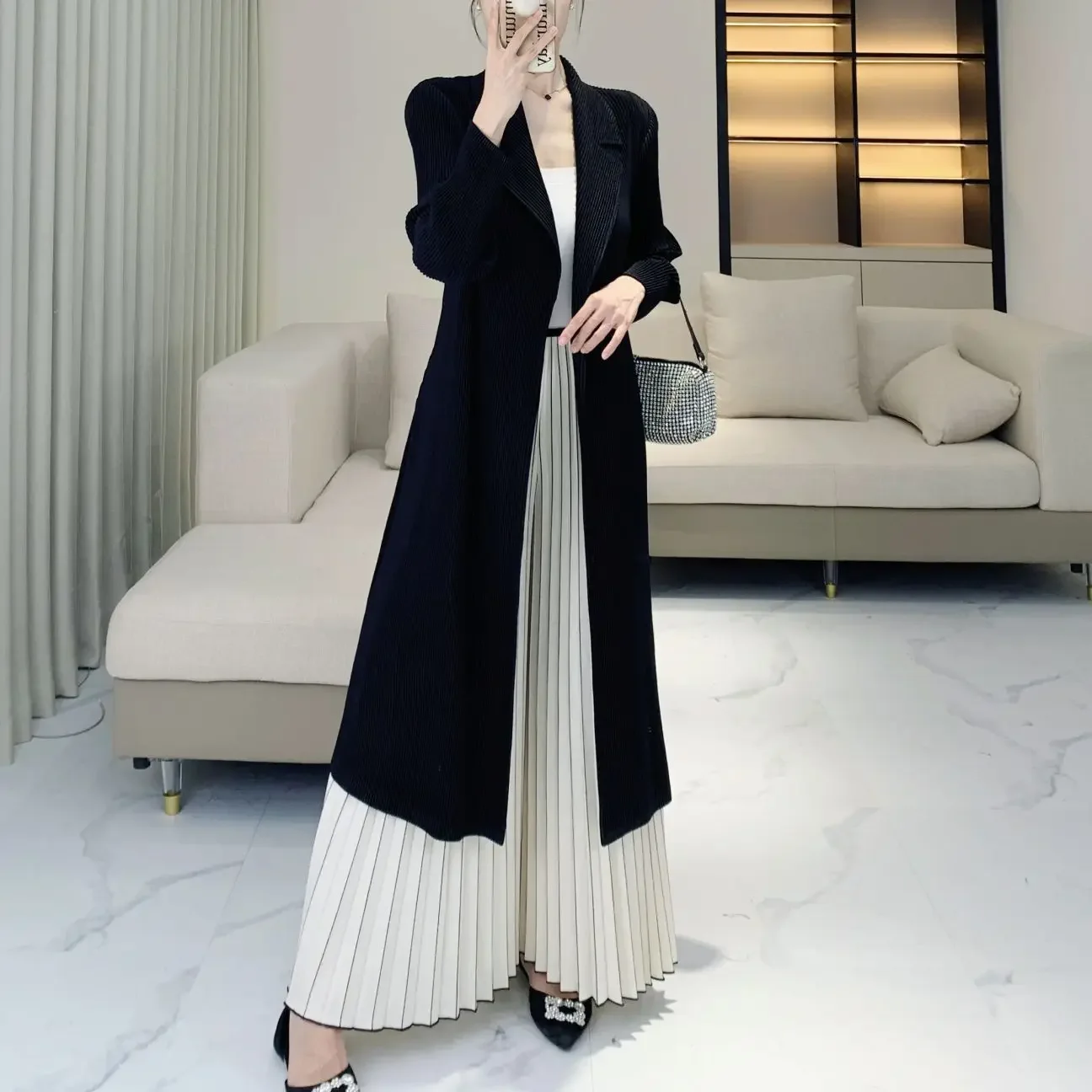 

Pleats Pleated Long Windbreaker 2024 Fall Casual Commuter Simple Versatile High Thin Cardigan Suit Collar Jacket Women Clothing