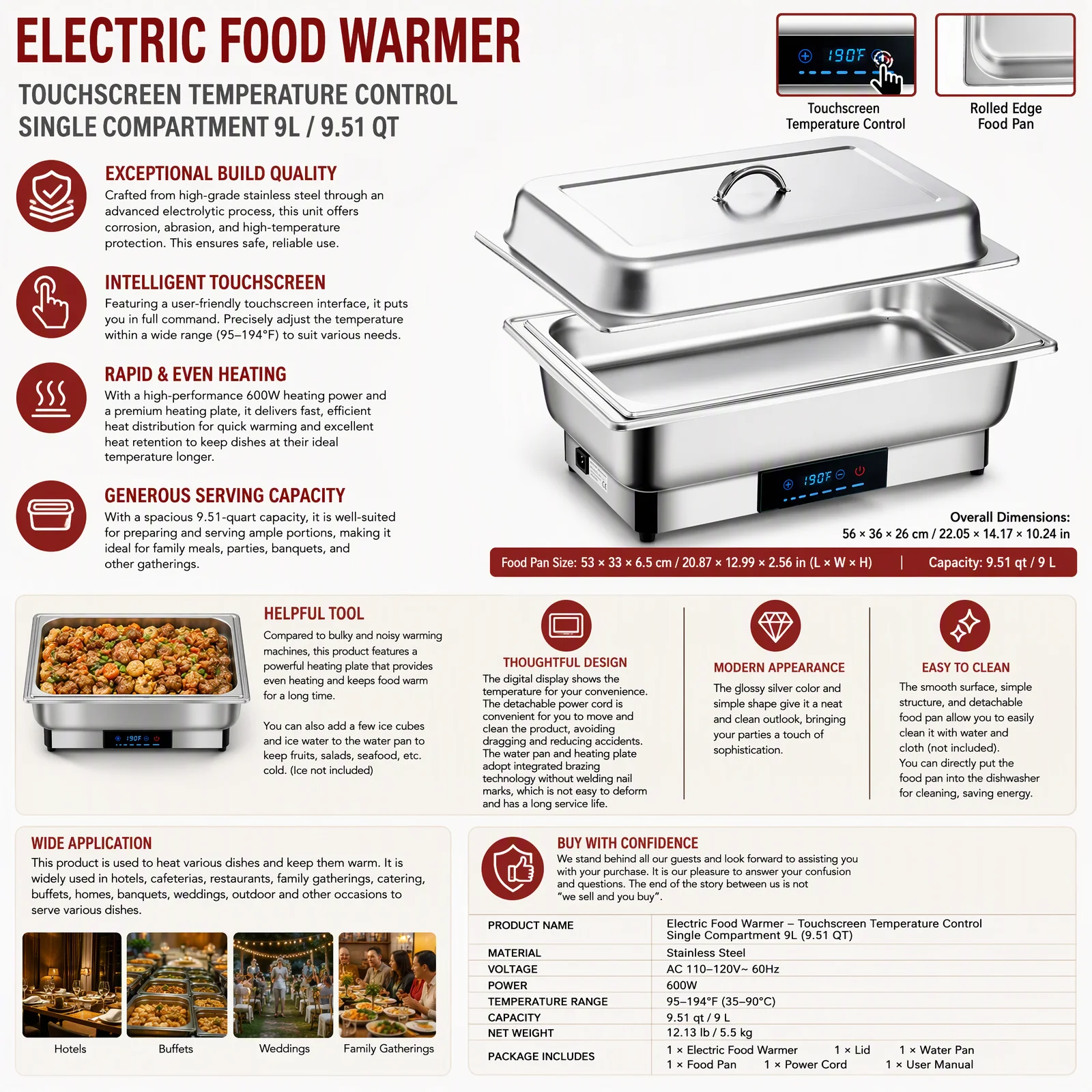 Electric Chafing Dish Buffet Set 9.51Qt Stainless Steel Food Warmer with Touch Screen Temperature Control 95-194°F, 600W Heating Plate for Parties Banquets Catering