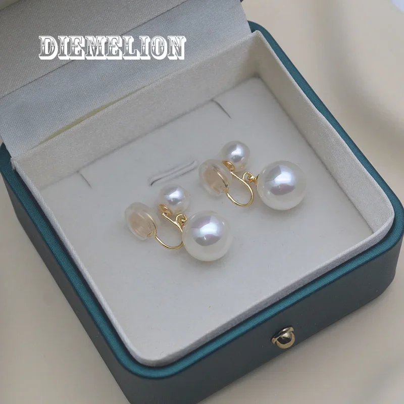 Orecchini a clip con perle a doppia conchiglia rotonda di alta qualità in stile coreano, senza foro per le donne, gioielli da sposa, clip per