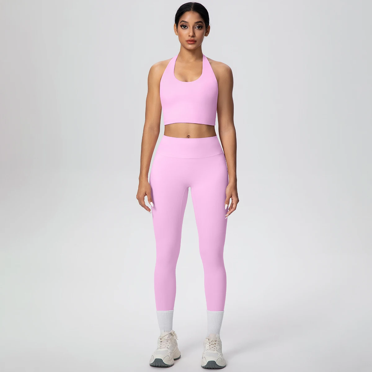2PCS Gym Yoga Set Summer Backless Soft Hanging Neck Bra Workout Top High Waisted Quick Drying Push Up Yoga Pants Gym Sports Set