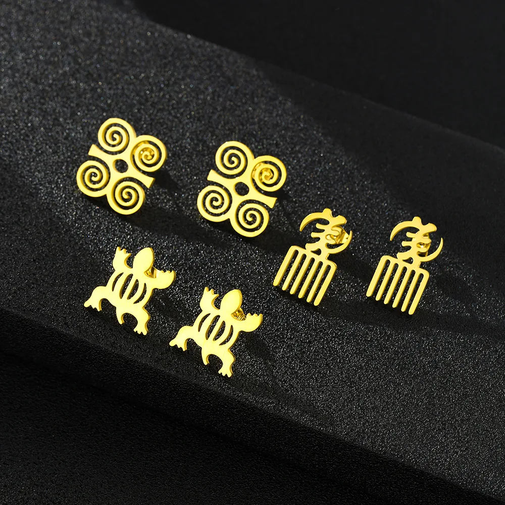 Cross-border hot-selling unisex geometric ethnic style stainless steel earrings, high-end African symbol stud earrings accessori