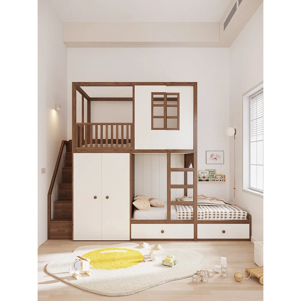 Cama litera escalonada de madera maciza tipo casa del árbol, cama infantil con armario y almacenamiento, cama alta con gabinete debajo de la cama