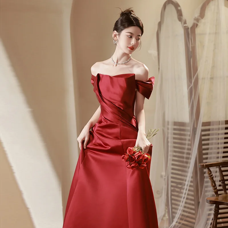 

Элегантное атласное вечернее платье с открытыми плечами для женщин, красное, для помолвки, класса люкс, с открытой спиной