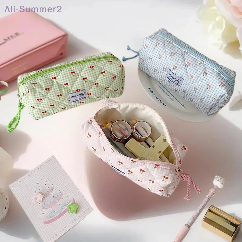 Nette Kirsche Plaid Große Kapazität Bleistift Fall Student Schreibwaren Tasche Damen Kosmetik Taschen Tragbare Kupplung Geldbörse Lagerung Tasche Geschenke