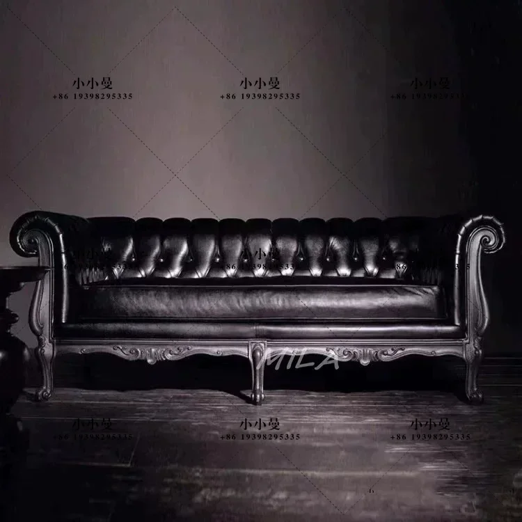 American retro solid wood sofa French country villa living room leather sofa three-person straight row sofa