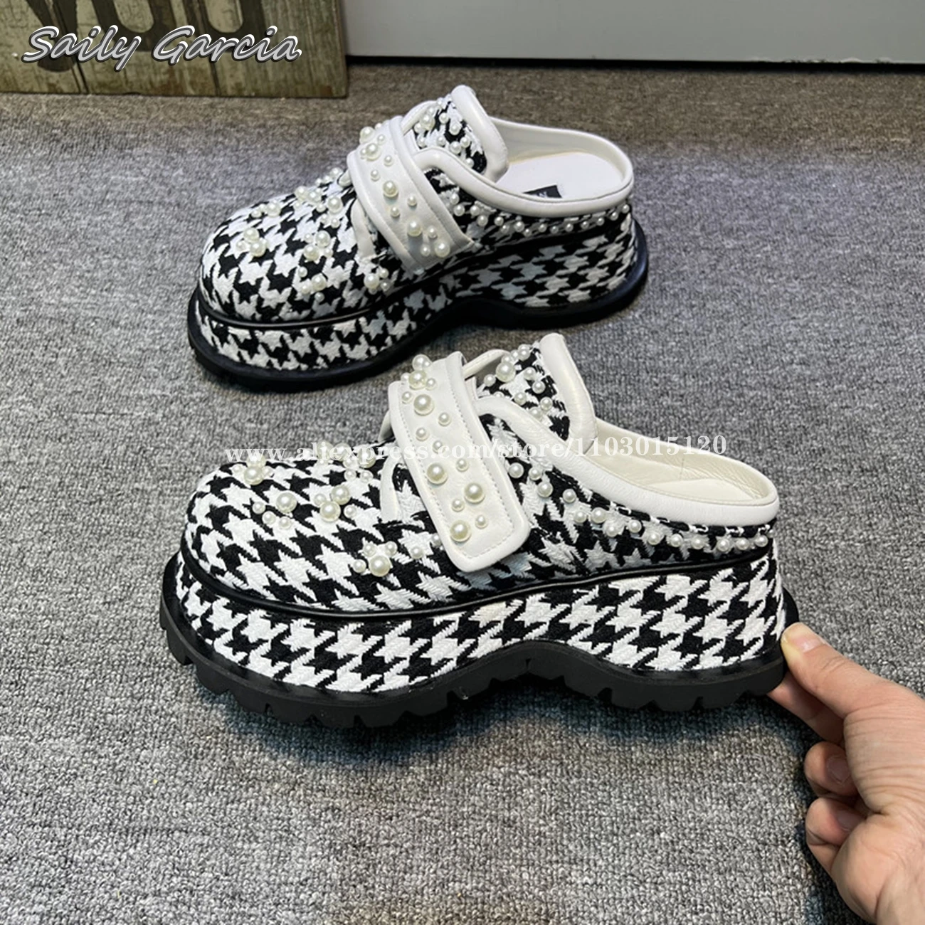 Houndstooth Pattern Pearl Beads Chunky Heel Slippers 2024 Summer NEW Fashion Casual Slides Round Toe Platform All-Match Shoes